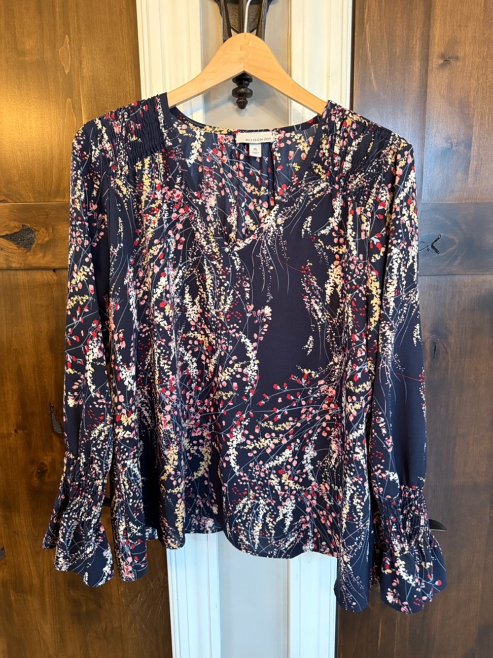 Allison Joy Navy Floral Long-Sleeve Blouse with Smocked Shoulders